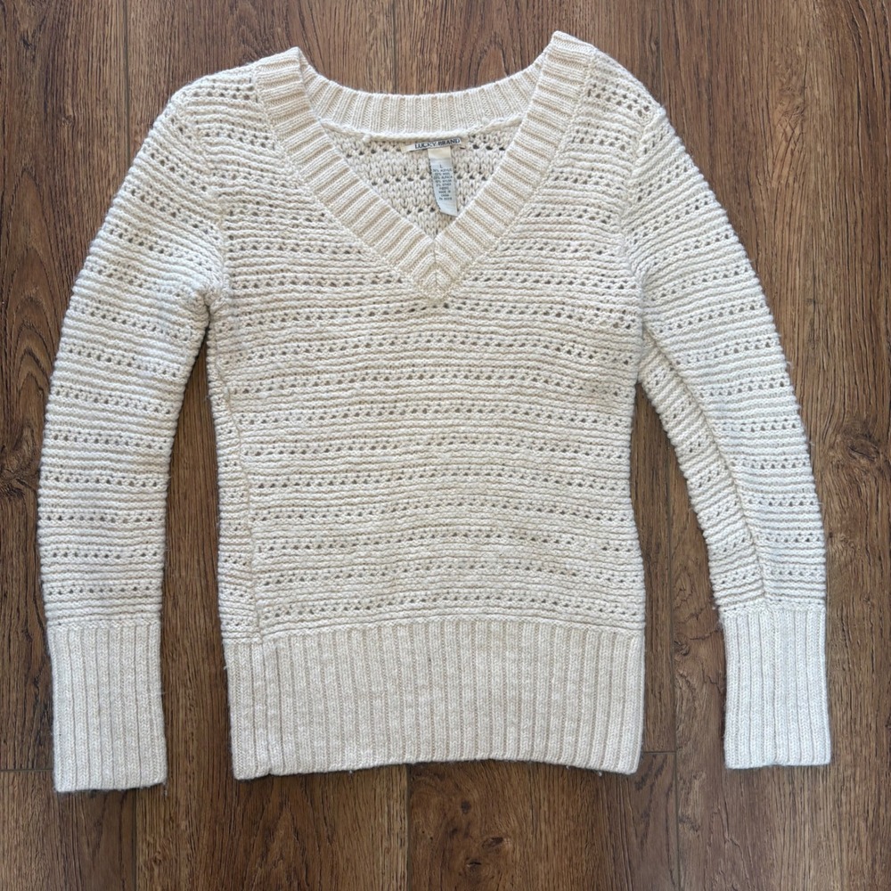 Lucky Brand Coastal Cream Open Knit V Neck Sweater Alpaca Wool Womens L Cottage
